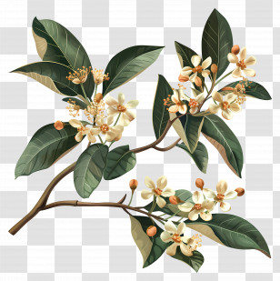 Osmanthus Flowers - Flowering Tree Branch With Leaves And Blossoms Transparent PNG