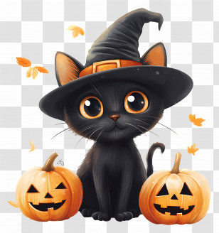 Halloween Black Cat - Adorable Black Cat With Pumpkins For Halloween Transparent PNG