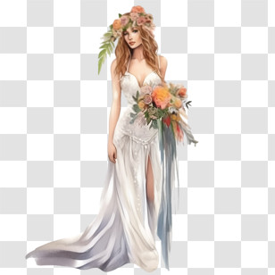 Wedding Dress
 - Bride In Modern Slit Dress With Bouquet Illustration Transparent PNG