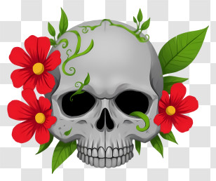 Halloween Skull Flowers - Skull With Red Flowers Transparent PNG