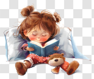 Childrens Bedtime Stories - Cozy Girl Reading With Her Teddy Illustration Transparent PNG