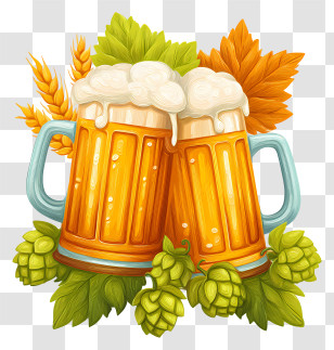 Frothy Beer Glasses - Beer Mugs With Hops And Wheat Transparent PNG