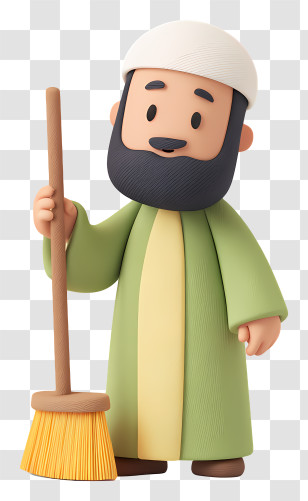 Islamic Man Cleaning Floor - Cartoon Character With Broom Transparent PNG