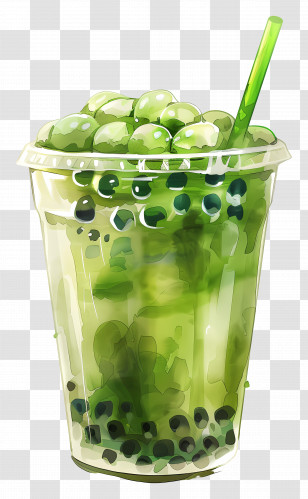 Matcha Bubble Tea - Green Bubble Tea Watercolor Illustration Transparent PNG