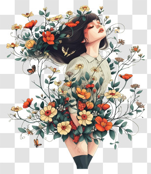 Inventive Character Designs - Artistic Woman Surrounded By Flowers And Butterflies Transparent PNG