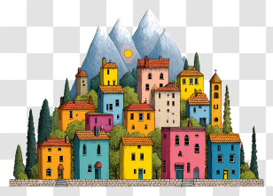 City In Mountains - Colorful Village Illustration With Mountains Transparent PNG