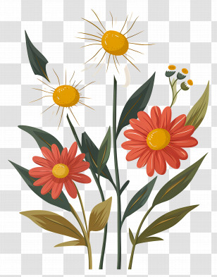 Daisy Flowers - Wild Garden Mixed Flowers Illustration Transparent PNG