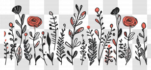 Decorative Horizontal Ine - Doodle Flowers In Black And Red Transparent PNG