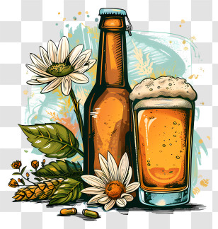 Homebrew Day - Beer Bottle And Glass With Floral Art Transparent PNG