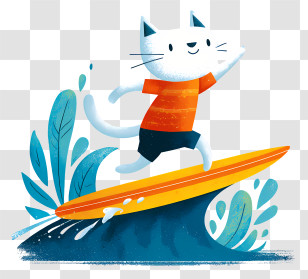 Cat Surfing With Surfboard - Cartoon Cat Surfing On Waves Transparent PNG