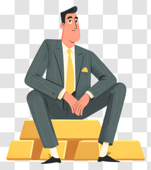 Businessman Sitting Gold Bars - Cartoon Man On Gold Bars Transparent PNG
