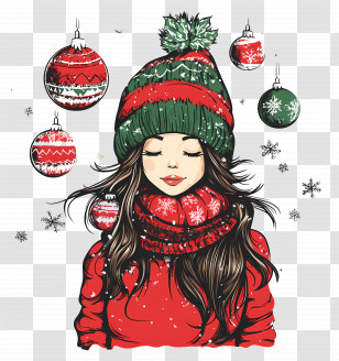Girly Christmas - Girl With Winter Hat And Ornaments Transparent PNG