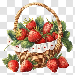 Hand Drawn Strawberry Basket - Decorative Basket With Fresh Strawberries Transparent PNG