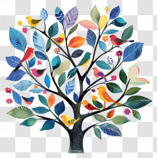 Tree With Birds - Colorful Tree With Birds Illustration Transparent PNG