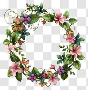 Flower Wreath - Floral Wreath With Pink Flowers And Green Leaves Transparent PNG