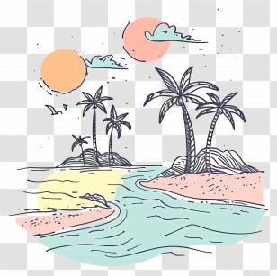 Tropical Island - Tropical Island Beach Sketch With Palm Trees Transparent PNG