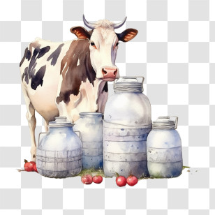 Watercolor Cow
 - Cow Standing Beside Milk Containers Transparent PNG