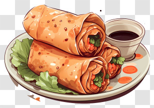 Doodle Style Spring Rolls - Plated Spring Rolls With Dipping Sauce Transparent PNG