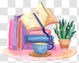 Book - Books And Cup With Plant Transparent PNG