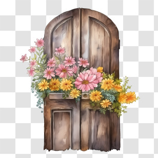 Wooden Door - Rustic Wooden Door With Vibrant Flowers Transparent PNG