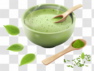 Matcha Green Tea - Green Tea With Wooden Spoon And Fresh Leaves Transparent PNG