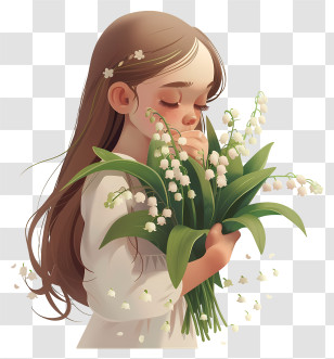 Spring Flower - Brown-Haired Girl Holding Lily Of The Valley Transparent PNG