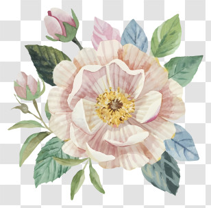 Watercolor Painting - Light Pink Flower Illustration With Green Leaves Transparent PNG