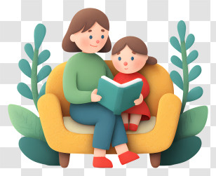Mother Reads Book To Daughter - Mother And Child Reading On Sofa Transparent PNG