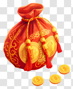 Fortune Bag - Lucky Red Pouch With Gold Coins Transparent PNG