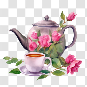 Teapot - Beautiful Teapot With Roses And Tea Cup Transparent PNG