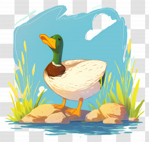 Cartoon Duck - Mallard Duck Standing On Rock In A Cartoon Landscape Transparent PNG
