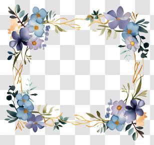 Hand Painted - Square Floral Frame With Blue Flowers Transparent PNG