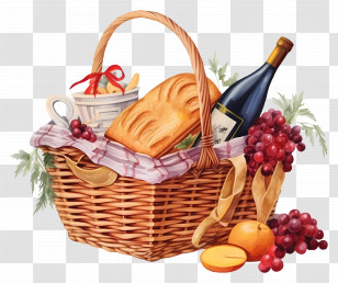 Basket - Illustrated Picnic Basket With Wine And Bread Transparent PNG
