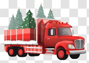 Christmas Truck - Red Truck Carrying Christmas Trees And Gift Box Transparent PNG