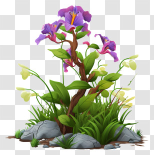 Flower Garden - Purple Flowers With Lush Greenery Transparent PNG