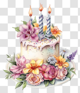 Hand Drawn Birthday Cake And Flowers - Floral Birthday Cake With Lit Candles And Flowers Transparent PNG