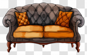 Sofa With Pillows - Vintage Tufted Sofa With Decorative Cushions Transparent PNG