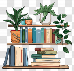 Bookshelves With Plants - Bookshelves With Plants And Decorations Illustration Transparent PNG