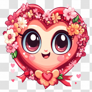 Kawaii Heart - Smiling Heart With Flowers Transparent PNG