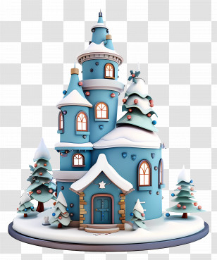 3d Building - Snowy Blue House With Trees Transparent PNG