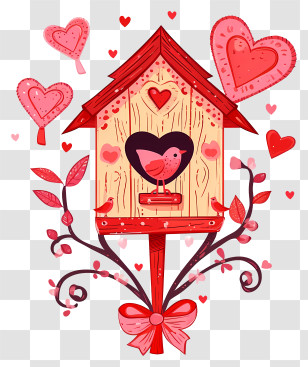 Minimalized Flat Vector Illustrate - Valentine-Themed Birdhouse With Hearts And Love Elements Transparent PNG