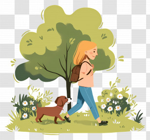Woman Walking Dog - Girl Walking Dog In A Green Park Illustration Transparent PNG