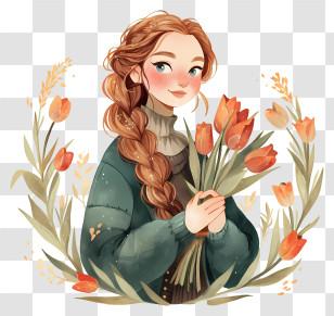 Girl With Tulips - Girl Holding Flowers With Braided Hair Transparent PNG