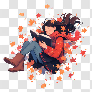 Girl On Fallen Leaves - Girl Reading In A Pile Of Leaves Transparent PNG