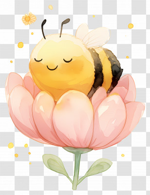 Kawaii Bee - Watercolor Illustration Of A Cute Bee On A Flower Transparent PNG