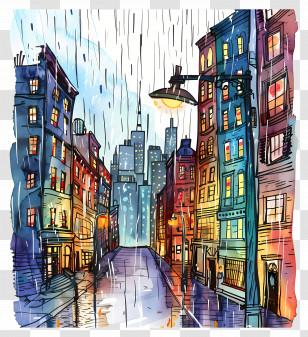 Rainy Cityscape - Rainy City Street With Colorful Buildings Transparent PNG