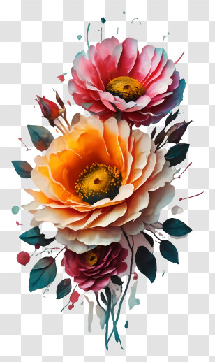 Bouquet - Beautifully Painted Orange And Pink Flowers Transparent PNG