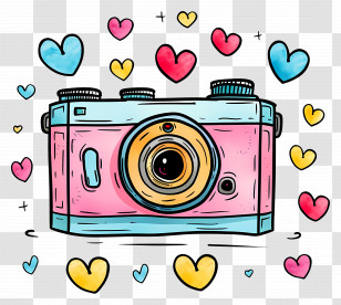 Cartoon Camera With Colorful Hearts - Cartoon Camera Surrounded By Colorful Hearts Transparent PNG