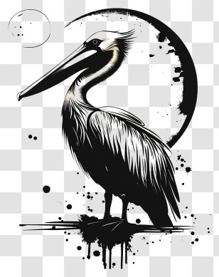 Pelican - Black And White Pelican Art With Moon Transparent PNG