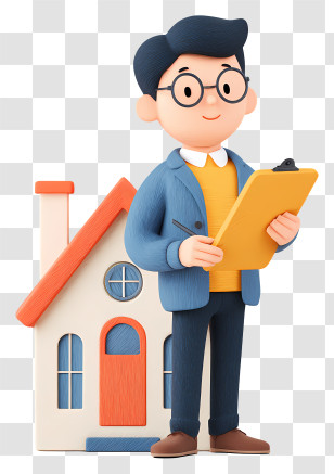 Real Estate Agent Evaluates Property - Cartoon Man With House Transparent PNG